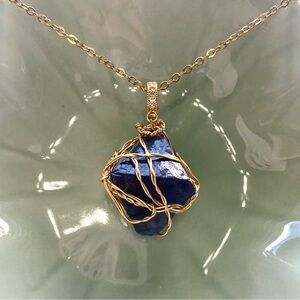 Gold Wire-Wrapped Blue Fluorite Octahedron necklace P1